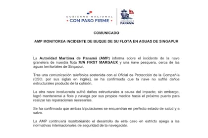 La Autoridad Marítima de Panamá (AMP) emitió un comunicado en el que abordó lo ocurrido en aguas cercanas a Singapur