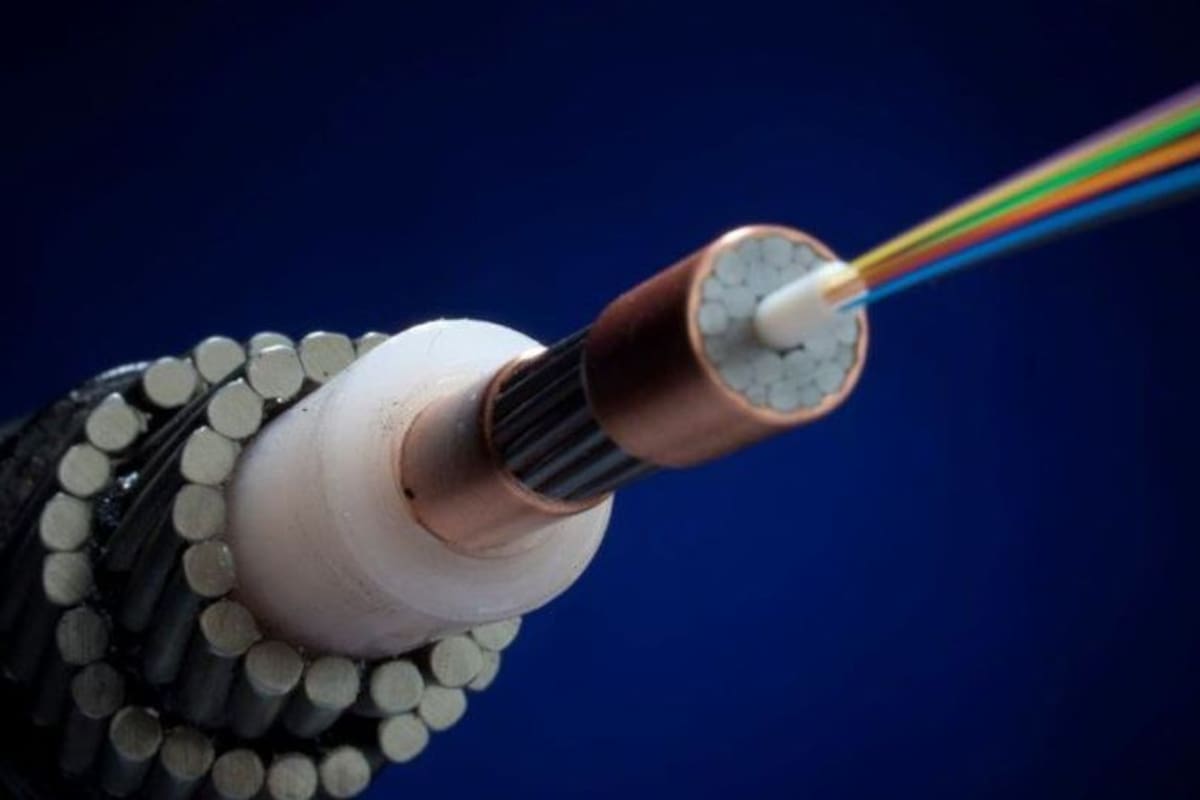 Un cable submarino, con la fibra óptica en el medio y al protección contra humedad y golpes alrededor; mide de 2 a 7 cm de diámetro, según su ubicación