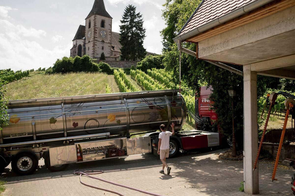Un camión cisterna recoge el vino de Jerome Mader para transportarlo a una destilería, donde el alcohol terminará como desinfectante para manos, en Hunawihr, Francia, el 22 de julio de 2020.