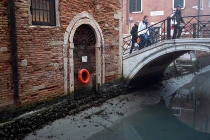 Un canal interno durante una marea baja en Venecia, Italia, 17 de febrero de 2023. Venecia lucha desde hace días con una marea baja, que empieza a crear serios problemas también para la navegabilidad (EFE/EPA/ANDREA MEROLA)