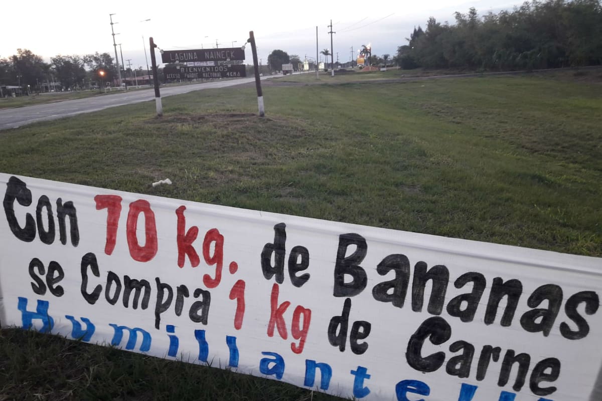 Un cartel en la ruta, en el ingreso a Laguna Naineck, alertando sobre la pérdida de rentabilidad de los productores