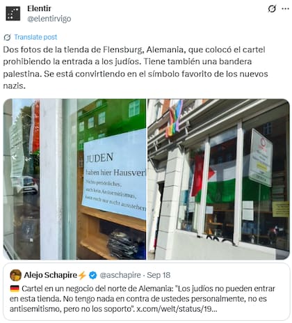 Un comercio en Flensburg en Alemania colgó un cartel antisemita en la puerta para prohibirle la entrada a judíos (Fuente: X @elentirvigo)