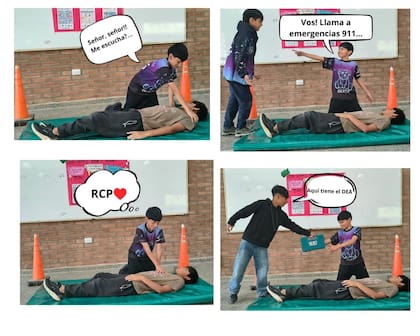 Un cómic con cuatro fotografías de una actividad escolar fue uno de los recursos elegidos por alumnos para detallar cómo actuar con RCP y el uso de un DEA