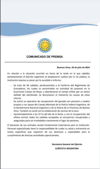 Un coronel dio detalles de cómo se escaparon los 46 caballos de Campo de Mayo y que generaron revuelo en la Panamericana