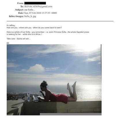 Un correo recibido en la casilla de Jeffrey Epstein con la foto de la Sofía Hellqvist. "Nuestra Sofía. Pronto será Princesa Sofía", le dice el remitente, que firma BE.