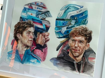 Un cuadro de Colapinto y Gasly expuesto en el circuito de Hungaroring