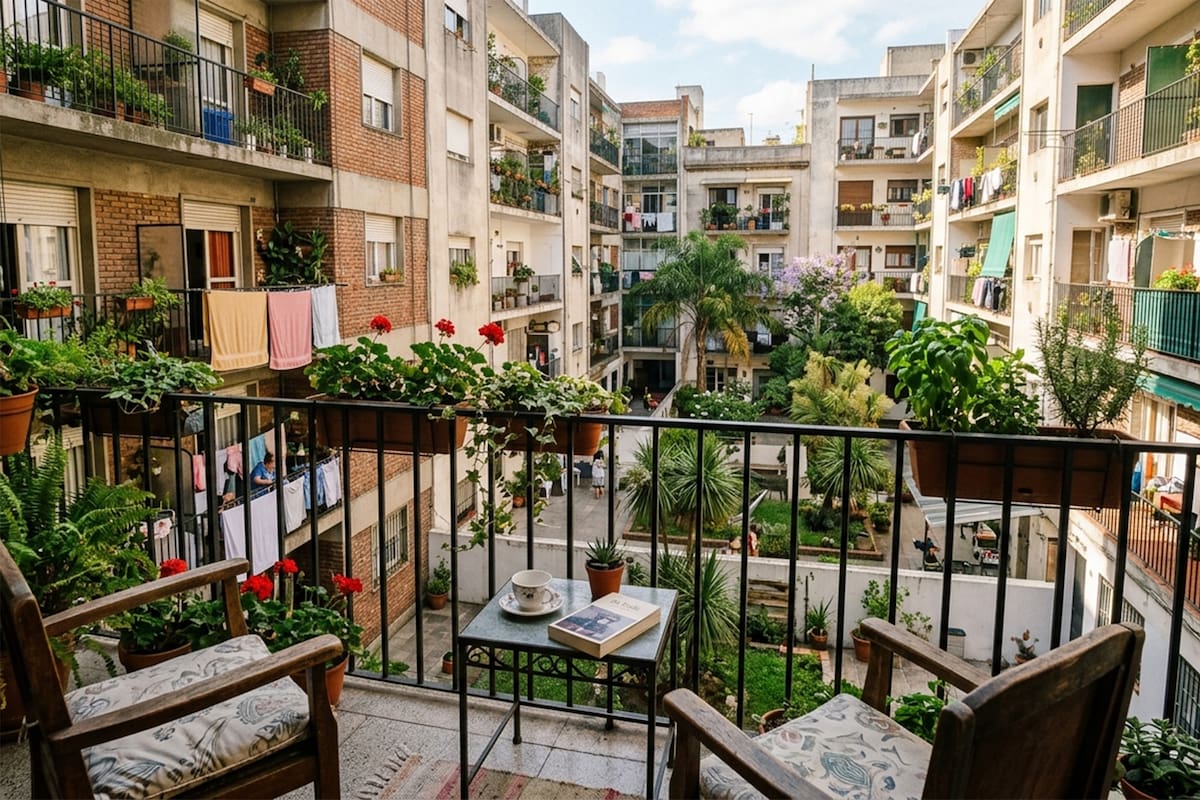 Un departamento con balcón orientado al pulmón de manzana que ofrece vista abierta, verde y seguridad