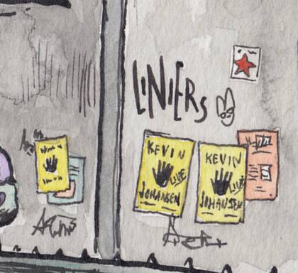 Un detalle de la ilustración de LIniers, donde rinde homenaje a su amigo Kevin Johansen