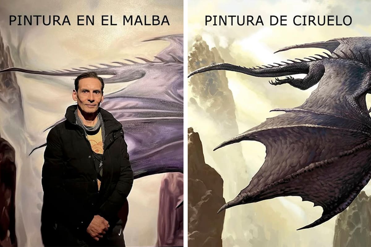 Un detalle de la pintura de Ciruelo de 2005 y el artista fotografiado en el MALBA frente a la obra de Carrie Bencardino que llamó su atención