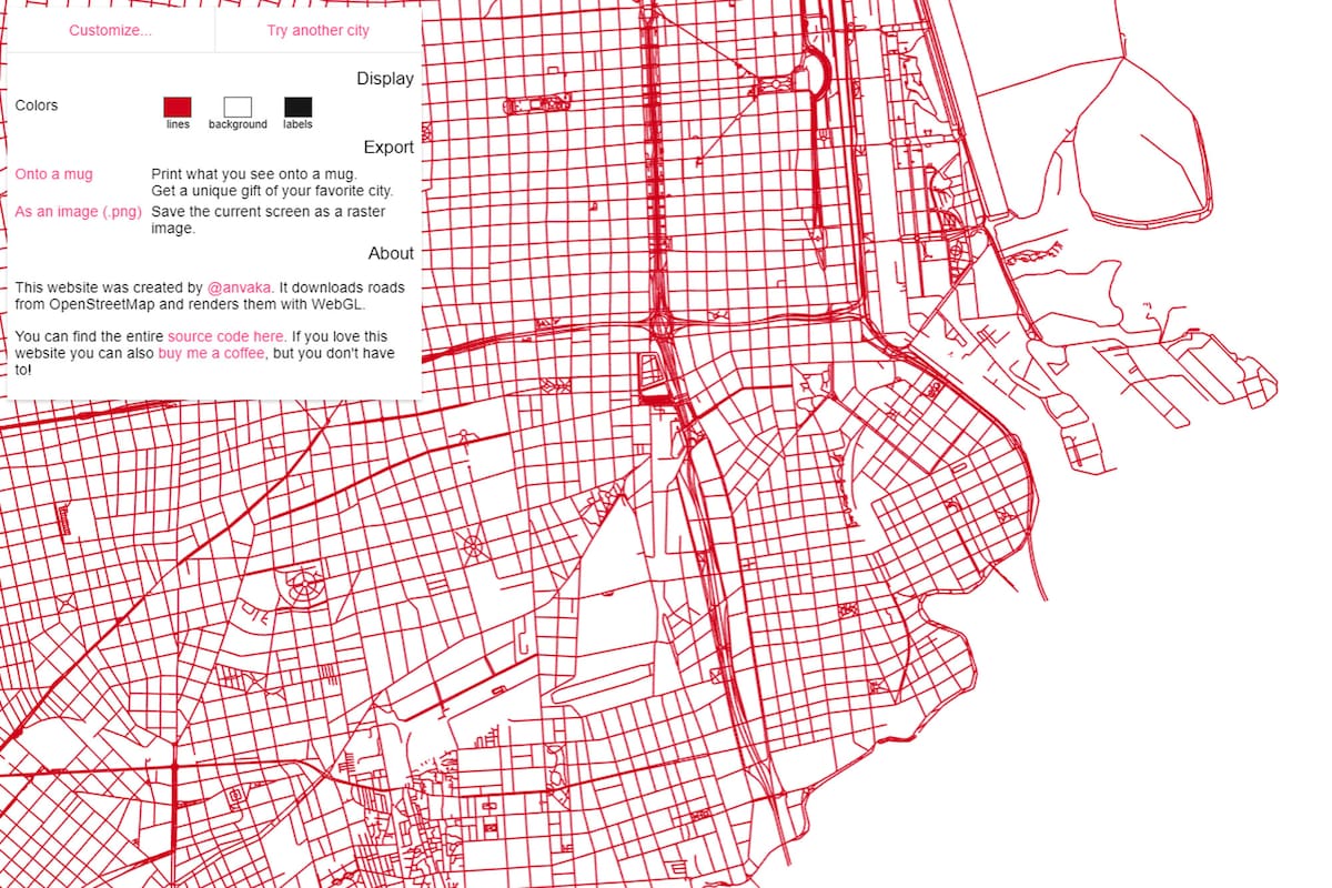 Un detalle del trazado de las calles y avenidas de Buenos Aires visto con la visualización de City Roads