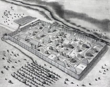 Un dibujo conjetural del fuerte de 1634 en el asentamiento de St. Mary en Maryland