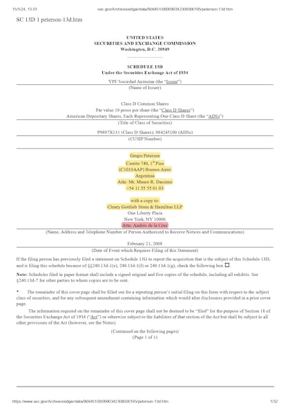 Un documento presentado por el Grupo Petersen, de los Eskenazi, ante autoridades de Estados Unidos, en el que figura como abogado Andrés de la Cruz, actual número dos de la Procuración del Tesoro