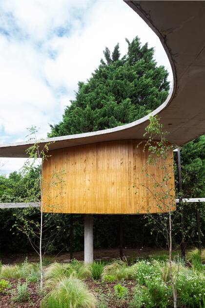 Un dormitorio de huéspedes que flota en el patio interno, revestido en kiri, para mimetizarse con la naturaleza