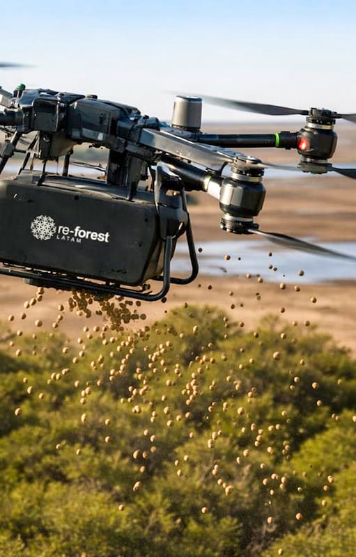 Un dron en plena acción de distribución de semillas en terrenos degradados
