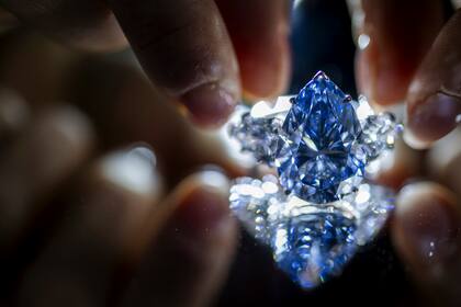 Un empleado de Christie's muestra el "Bleu Royal", un anillo con un diamante en forma de pera azul vívido de 17,61 quilates, durante una muestra previa de Christie's en Ginebra, el jueves 2 de noviembre de 2023. El "Bleu Royal" fue vendido en una subasta el martes 7 de noviembre por más de 44 millones de dólares. (Martial Trezzini/Keystone vía AP)