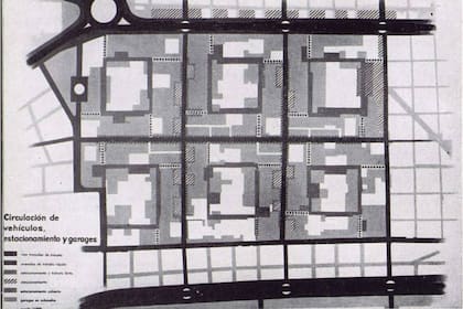 Un esquema de la circulación del Barrio Sur, con avenidas rápidas alrededor de cada una de las seis súper manzanas y vías más lentas en el interior de cada una de ellas, y grandes islas de estacionamiento
