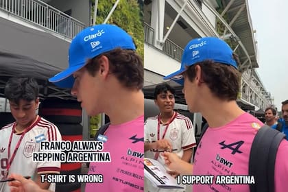 Un fan vestido con la camiseta de la selección de España le pidió un autógrafo a Colapinto y el miloto le dijo que su remera "estaba mal" (Foto: Captura / Instagram @alpinef1team)