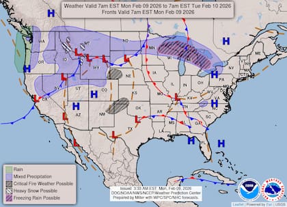 Un fenómeno tipo clipper se desplazará por la frontera con Canadá, y se espera que genere episodios de lluvia helada y nevadas leves desde los Grandes Lagos superiores hasta Michigan