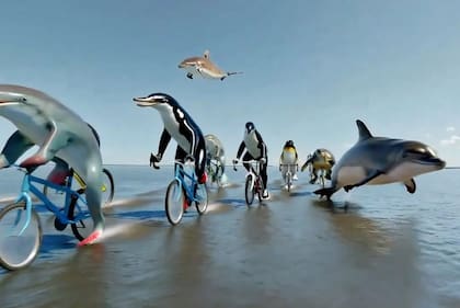 Un fotograma de un vídeo de una carrera de bicicletas en el océano de diferentes animales creado por inteligencia artificial.