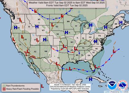 Un frente estacionario que se extiende desde Florida hasta el sur de Texas mantendrá condiciones de inestabilidad, con desarrollo de lluvias dispersas y tormentas eléctricas durante la semana