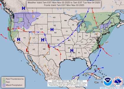 Un frente frío cruzará los Grandes Lagos y el noreste, lo que generará lluvias intermitentes y ráfagas de viento de 25-35 mph (40-56 km/h)