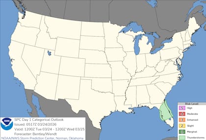 Un frente frío estacionario sobre Florida, en combinación con la brisa marina, provocará tormentas aisladas este martes en el centro y norte del estado, aunque con un bajo potencial de severidad