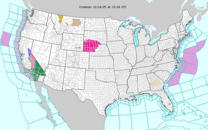 Un frente frío generará vientos extremos con ráfagas de hasta 85 millas por hora (137 km/h) en el norte de las High Plains y las Montañas Rocosas, con riesgo de daños a infraestructura y cortes de energía eléctrica