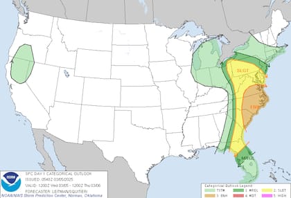 Un frente frío provoca fuertes lluvias y tormentas eléctricas desde Florida hasta Nueva Inglaterra, con riesgo de vientos destructivos y tornados en las Carolinas y Virginia