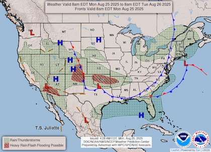Un frente frío provocará tormentas eléctricas en las Montañas Rocosas centrales y llanuras del sur, con peligro de inundaciones repentinas en Colorado, Kansas, Oklahoma y Arkansas.