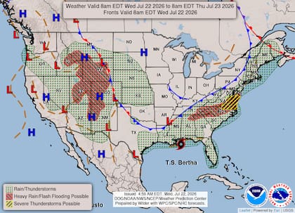 Un frente frío semiestacionario incrementará drásticamente el peligro de inundaciones repentinas desde la región costera de Virginia hasta las Carolinas debido a lluvias persistentes
