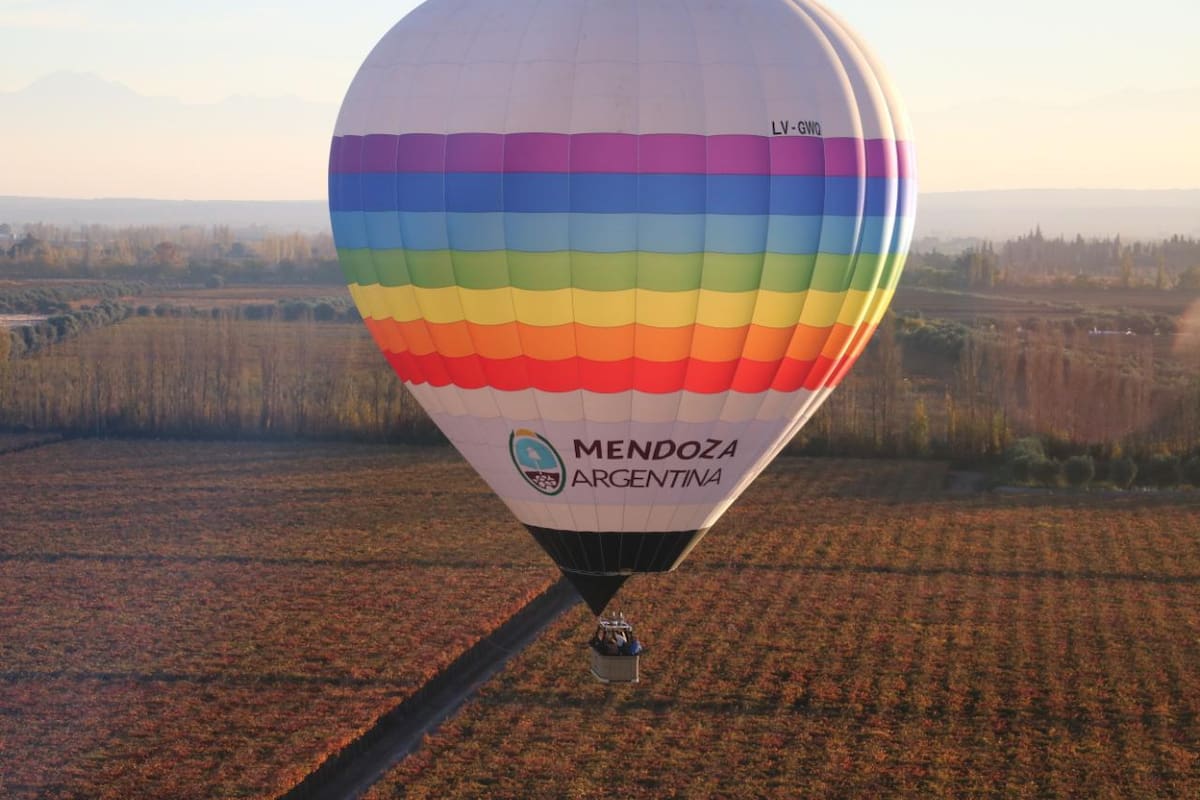 Un globo aerostático elevándose sobre el paisaje mendocino