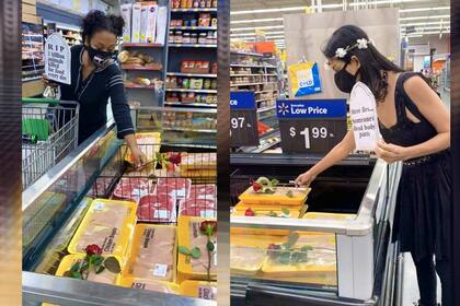 Un grupo de activistas veganos llevó flores y “veló” la carne en la góndola de un supermercado.