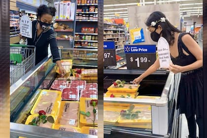 Un grupo de activistas veganos llevó flores y “veló” la carne en la góndola de un supermercado.