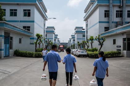 Un grupo de trabajadores de Quankang, la firma creada por Shao Chunyou que ahora busca reinventarse para sobrevivir en la competitiva escena de la manufactura del gigante asiático