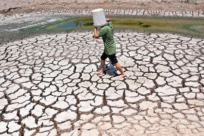 Un hombre lleva un cubo de plástico a través del lecho agrietado de un estanque seco en la provincia de Ben Tre, al sur de Vietnam, el 19 de marzo de 2024, el año más caluroso de la historia desde que se tiene registro