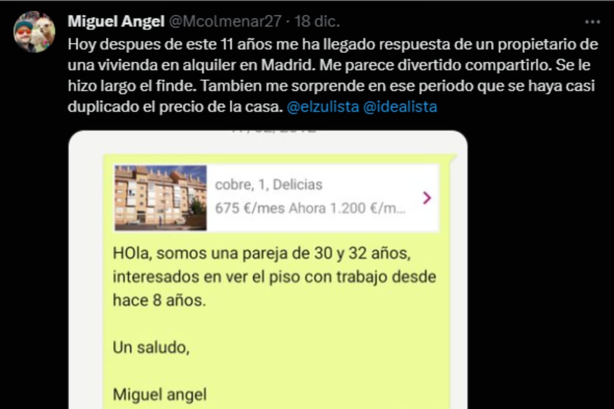 Un hombre mostró la conversación que mantuvo con el dueño de un departamento que tardó casi 12 años en contestarle (Captura X)