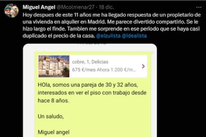 Un hombre mostró la conversación que mantuvo con el dueño de un departamento que tardó casi 12 años en contestarle (Captura X)