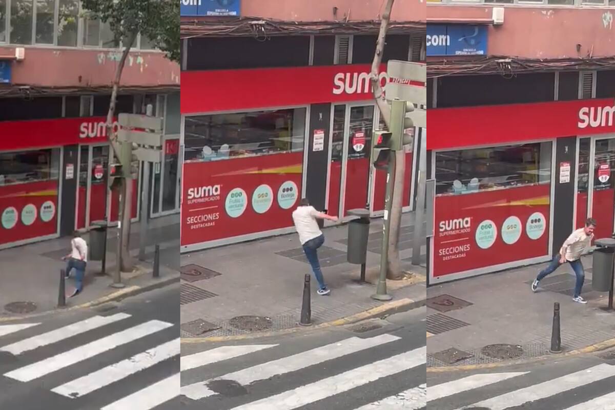 Un hombre se viralizó al pelearse con un tacho de basura (Captura video)