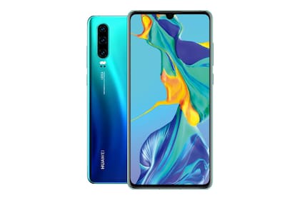 Un Huawei P30, con pantalla OLED de 6,1 pulgadas; el sensor de huellas digitales es óptico y se ubica detrás de la pantalla (es invisible)