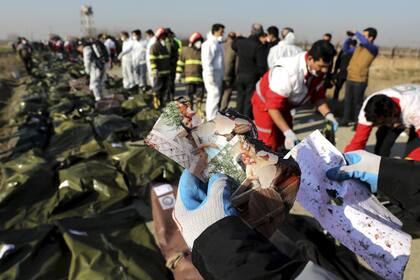 Un investigador examina pertenencias de alguna de las víctimas del vuelo de Teherán