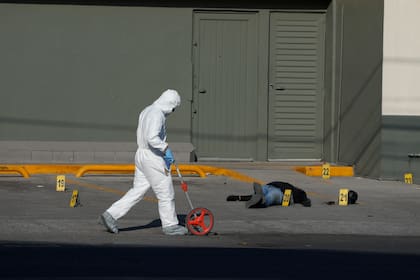Un investigador policial recopila evidencias en el escenario de un crimen donde yace el cadáver de una persona identificada por la policía como un atacante implicado en el tiroteo letal de un agente, en Celaya, México, el 28 de febrero de 2024. (AP/Fernando Llano)