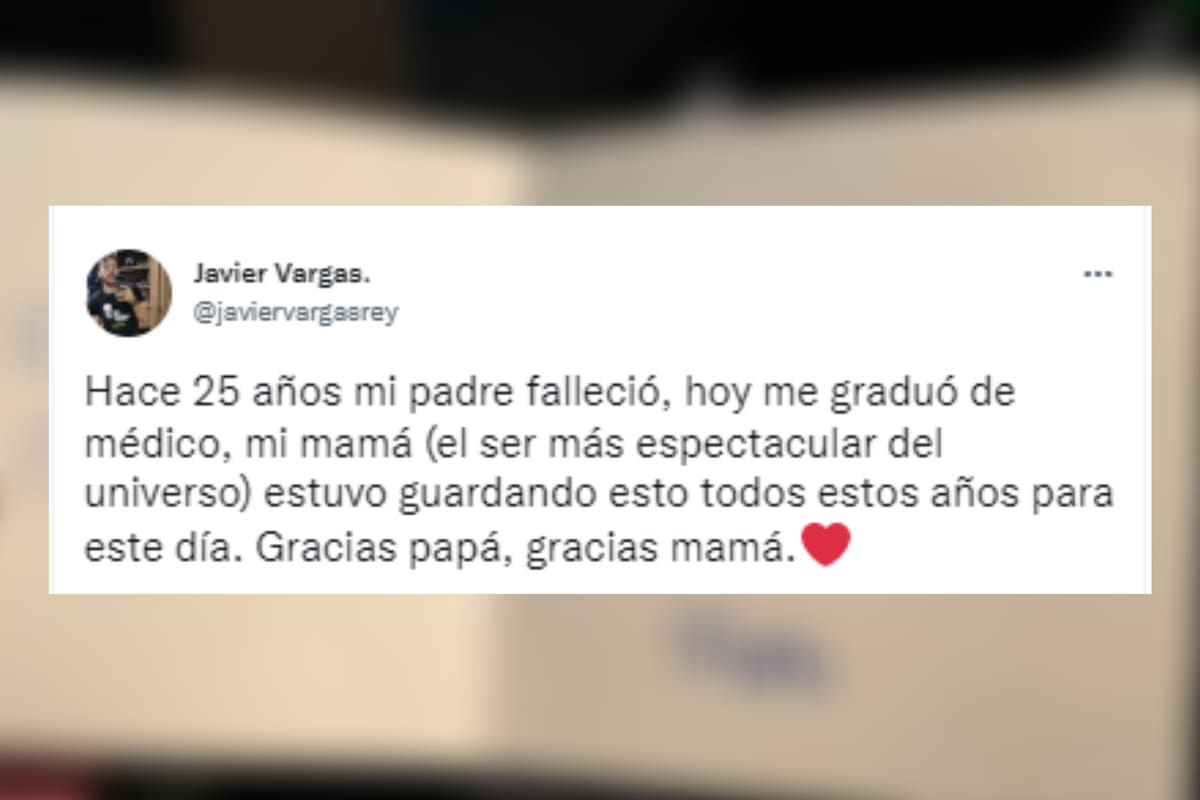 Un joven se recibió de médico, recibió un regalo especial de parte de su padre, quien falleció hace 25 años (Foto: Twitter @javiervargasrey)