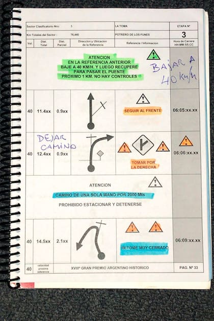 Un libro de ruta, o "roadbook", con apuntes manuscritos para transitar como corresponde una etapa en el XVIII Gran Premio Argentino Histórico.