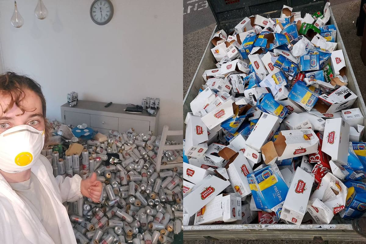 Un limpiador profesional mostró las imágenes del extremo desorden que encontró al ingresar a la propiedad. Había más de 8000 latas de cerveza acumuladas por los rincones, comida podrida y un inodoro lleno de residuos