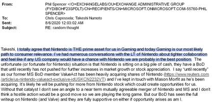 Un mail de 2020 en el que Phil Spencer, el jefe de Xbox, evalúa con otros ejecutivos de Microsoft la posibilidad de comprar Nintendo