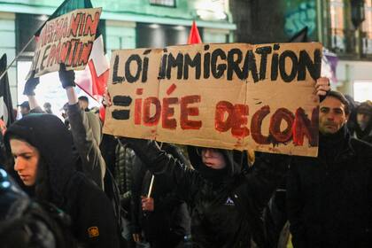 Un manifestante sostiene un cartel que dice "Ley de inmigración = idea estúpida" durante una protesta contra la nueva ley de inmigración de Francia en Rennes, el 20 de diciembre de 2023. ( Sebastien SALOM-GOMIS / AFP)