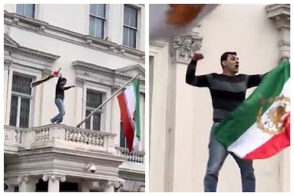 Un manifiestante retiró la bandera de Irán de la embajada en Londres.