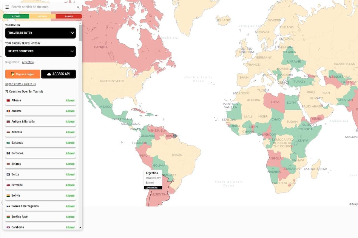 Un mapa permite conocer el tipo de restricciones que aplica cada país al ingreso de extranjeros, y qué deberán hacer una vez que estén en el territorio