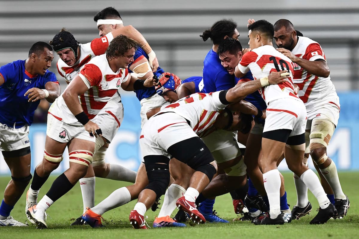 Un maul entre jugadores de Samoa y Japón, la formación móvil que generó varios tries en el Mundial