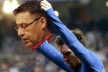 Un meme que muestra a Messi con la cabeza de Bartomeu